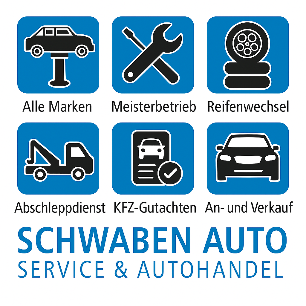 Leistungsübersicht Schwaben Autoservice & Autohandel: alle Marken, Meisterbetrieb, Reifenwechsel, Abschleppdienst, KFZ-Gutachten, An- und Verkauf